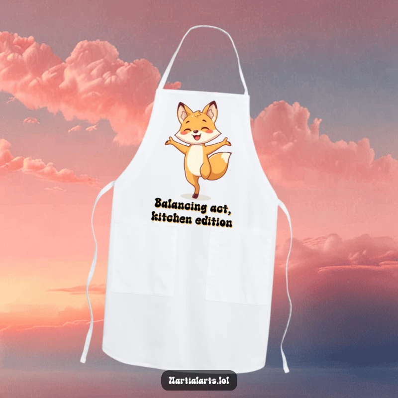 Funny fox apron showing a smiling fox in a one-legged balancing pose, arms out, ready for kitchen fun and spills.