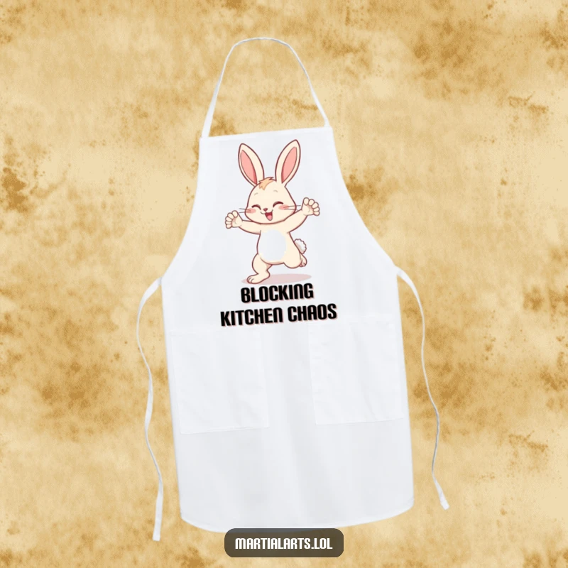Funny bunny apron showing a bunny blocking a kick, a humorous kitchen accessory for those who are always prepared.
