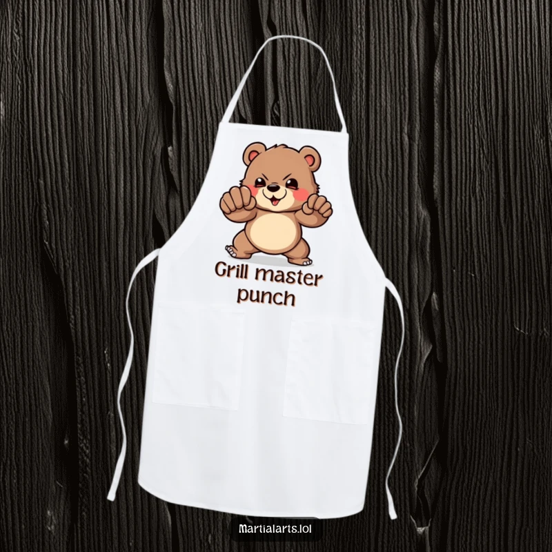 Funny Apron: A brave bear demonstrating a powerful punch, humorously adding might and protection to kitchen duties.