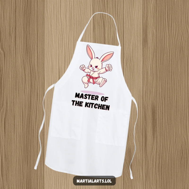 Funny bouncing bunny in martial arts stance, wearing an apron, ready for kitchen combat, funny gift.
