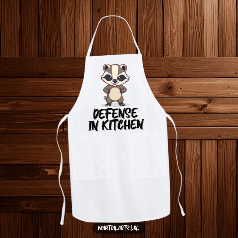 Funny brave badger apron showing a badger in a strong defensive stance, ready for cooking.