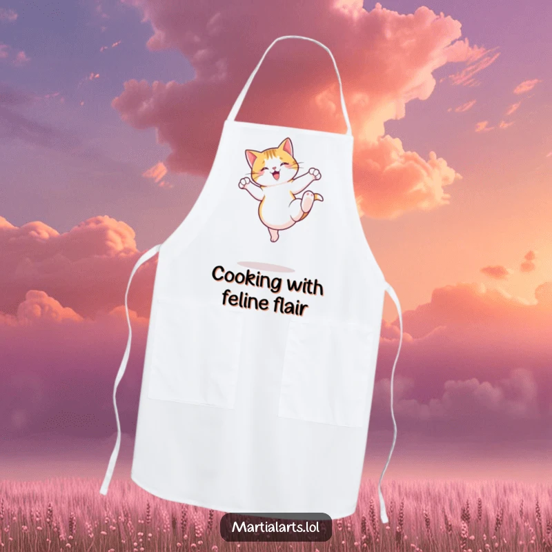 Funny Cat Apron featuring a jumping cat executing a playful roundhouse kick, bringing humorous action to cooking.