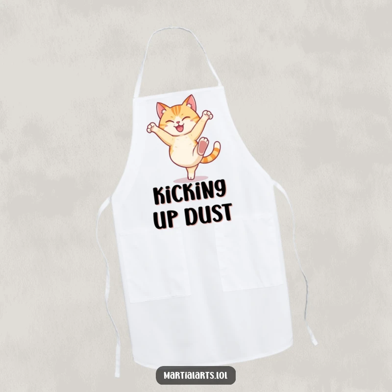 Funny cat apron showing a happy cat humorously performing a high kick with a determined expression, for a fun cooking experience.