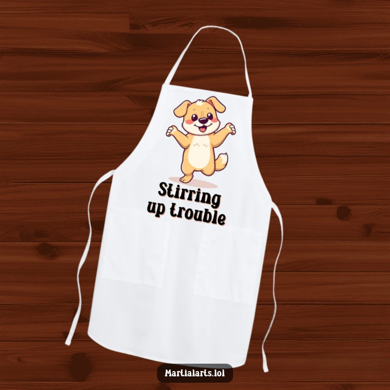 Funny dancing dog apron featuring a dog doing an energetic spin, ready for kitchen fun.
