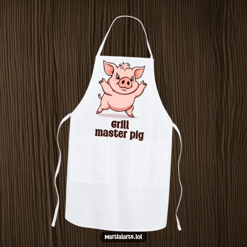Funny determined pig in low stance, wearing apron, ready for kitchen challenges, funny gift.