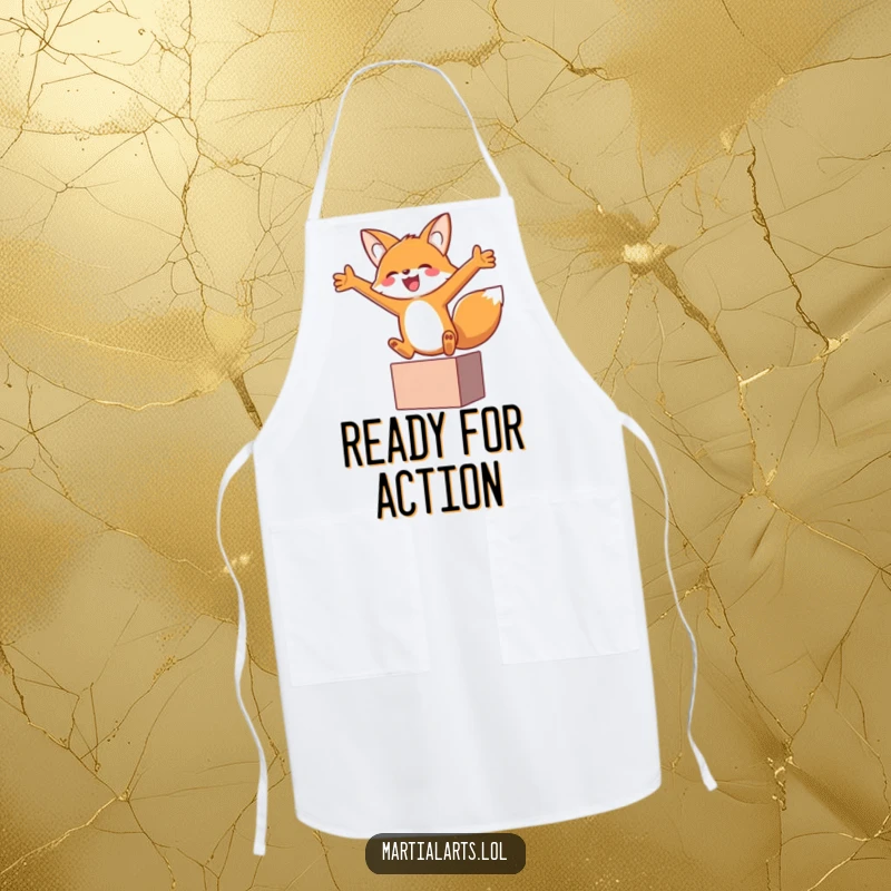 Funny fox performing a joyful leap with arms wide in a block, featured on a durable kitchen apron.