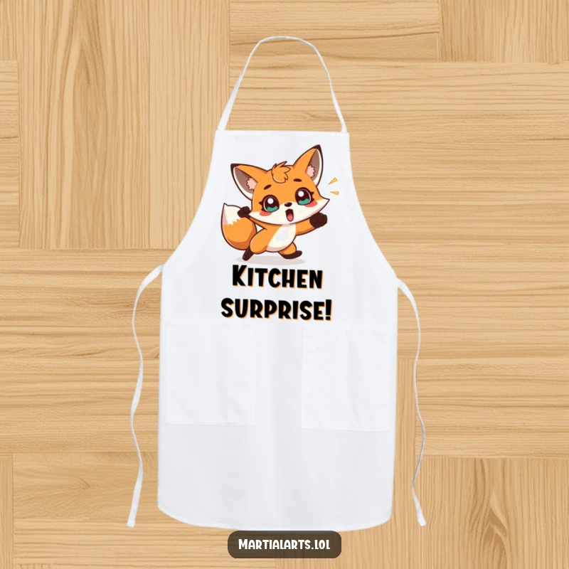 Funny apron featuring a surprised fox dodging a punch, adding kitchen humor and a touch of quick wit.