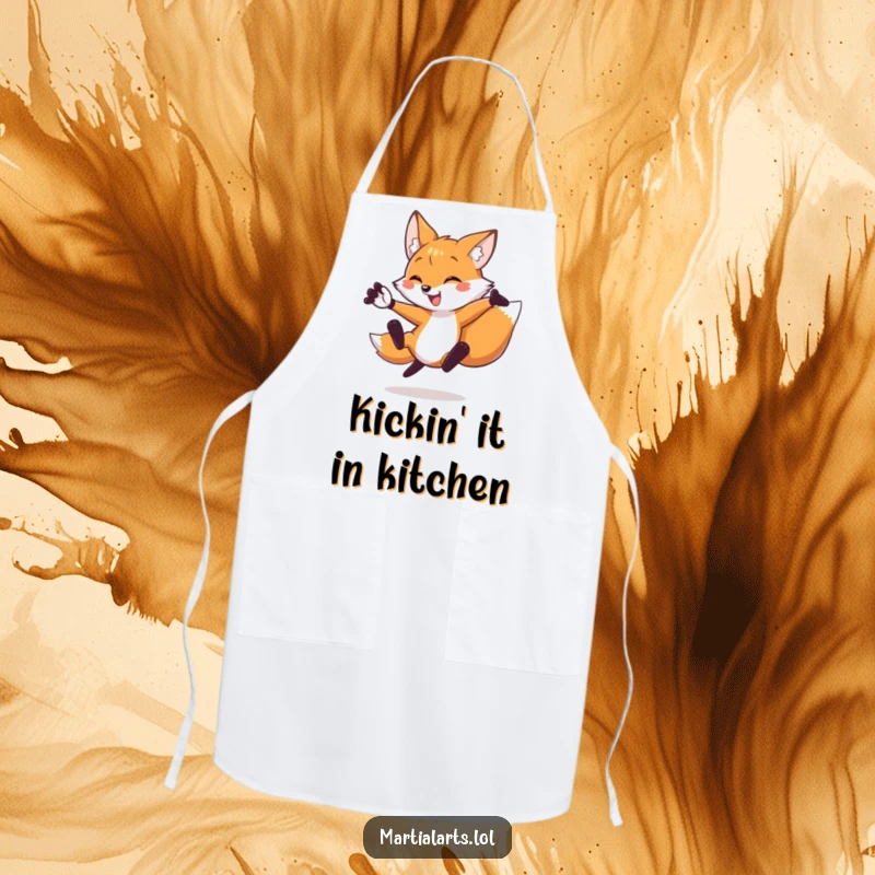 Funny fox apron showing a fox executing a flying side kick, a humorous accessory for active cooks.