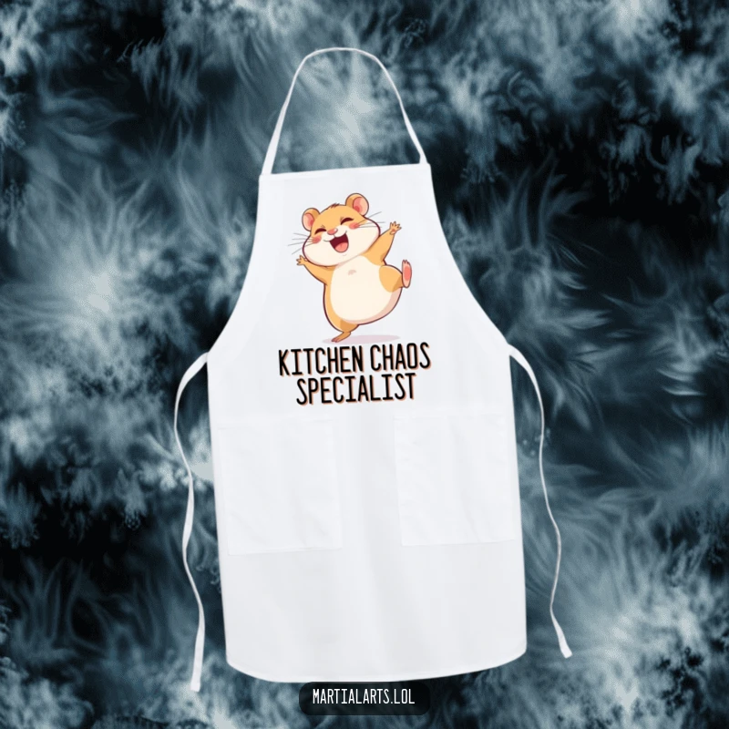Funny Apron: A giggling hamster prepares for a silly spinning side kick, ready for kitchen adventures.