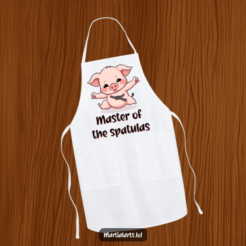 Funny Piglet Martial Arts Apron with a playful piglet doing funny fighting poses, perfect for a humorous cooking experience.