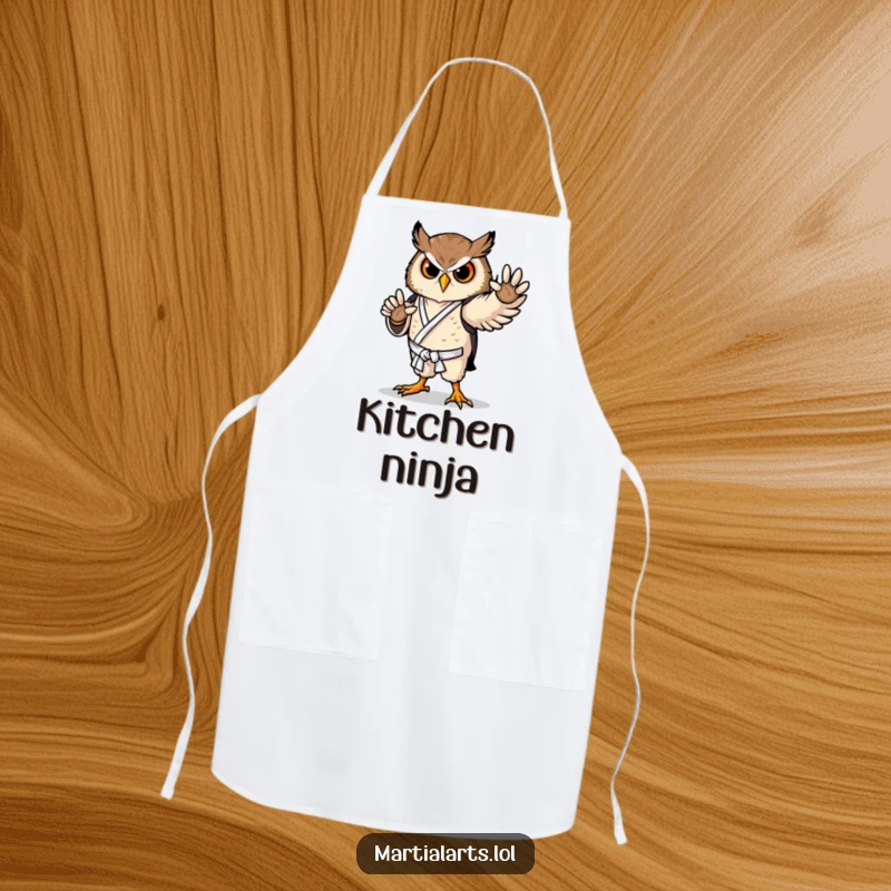 Funny owl karate apron with a proud bird in a graceful pose, adding a touch of discipline and humor to the kitchen.