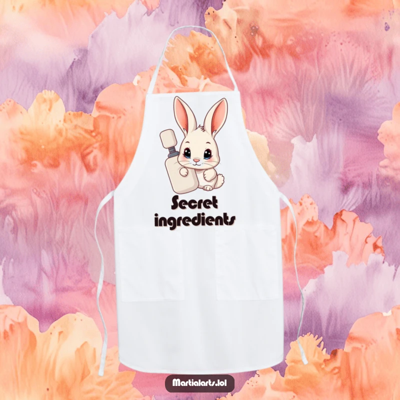 Funny Rabbit Apron: A curious rabbit peeking from behind a training dummy, ready for kitchen adventures with humor.
