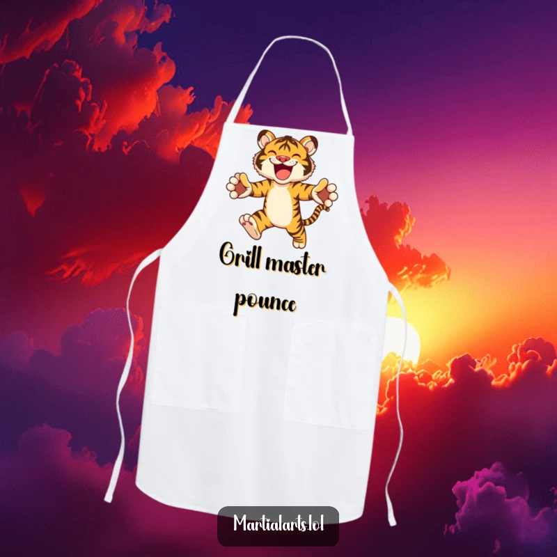 Funny apron showcasing a joyful tiger leaping, designed for kitchen use and adding humorous animal flair.