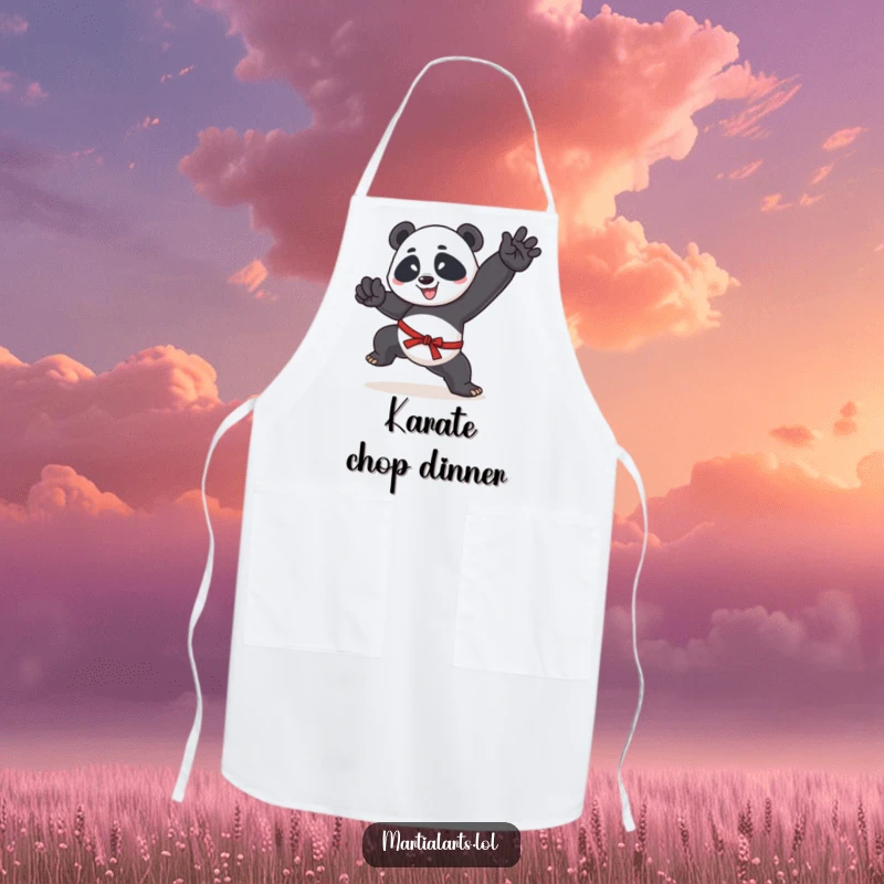 Funny apron showing a panda in a martial arts stance, ready to cook, perfect for a humorous kitchen accessory.