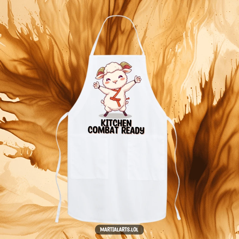 Funny sheep apron with a giggling sheep attempting a wobbly martial arts move, great for kitchen fun.