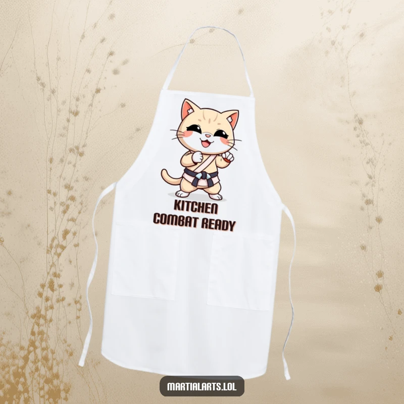 Funny Cat Karate Chop Apron: A smiling, happy cat in a karate stance, ready to chop ingredients with a playful attitude.