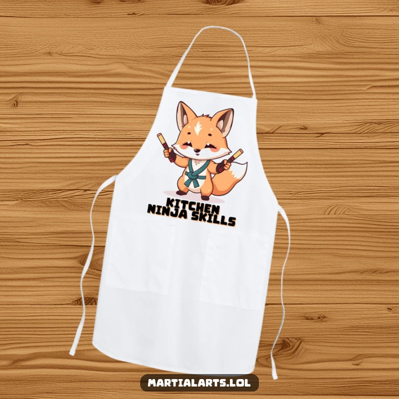 Funny Fox Nunchuck Apron: A curious fox juggling miniature nunchucks, bringing playful martial arts action to the kitchen.