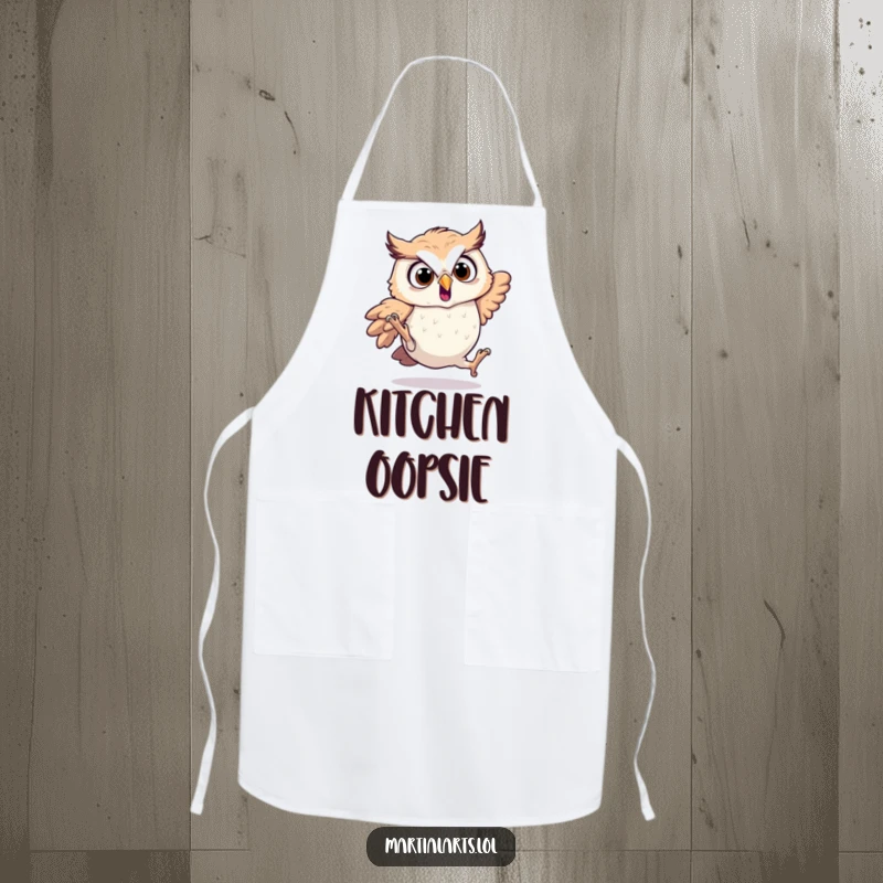 Funny startled owl apron showing an owl tumbling, suitable for kitchen fun.
