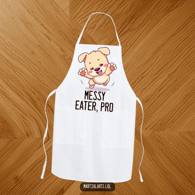 Funny apron showcasing a playful puppy tumbling in a mock fight, fun for kitchen use and dog enthusiasts.
