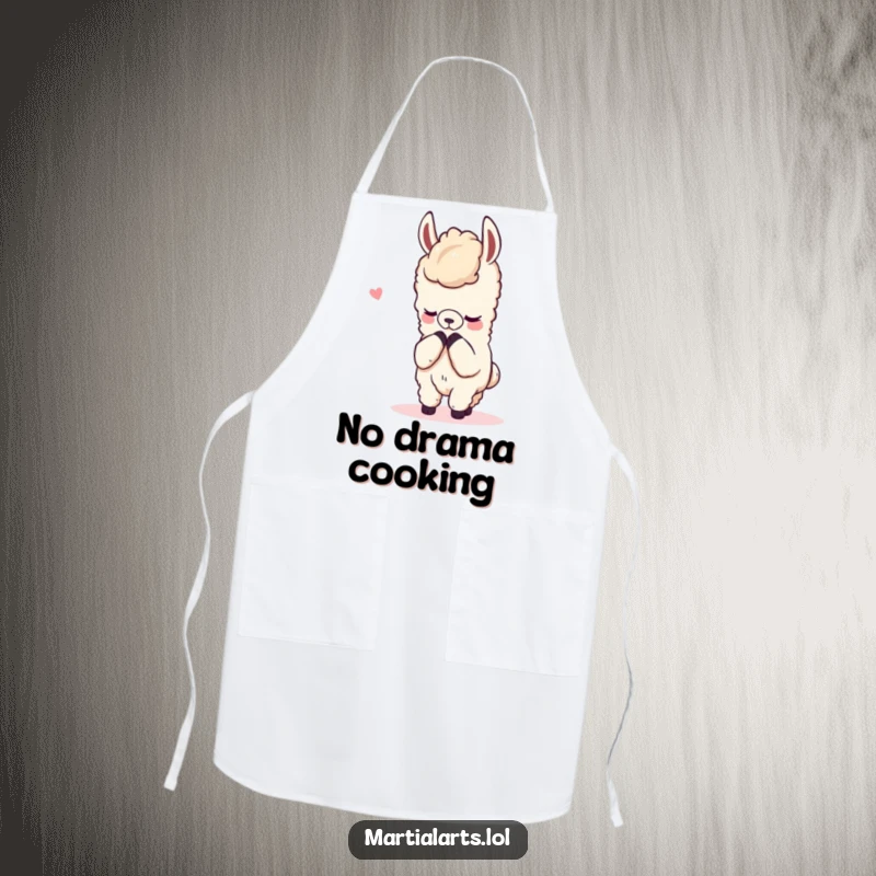 Funny apron depicting a content llama bowing respectfully after a mock fight, adding humorous flair to kitchen tasks.