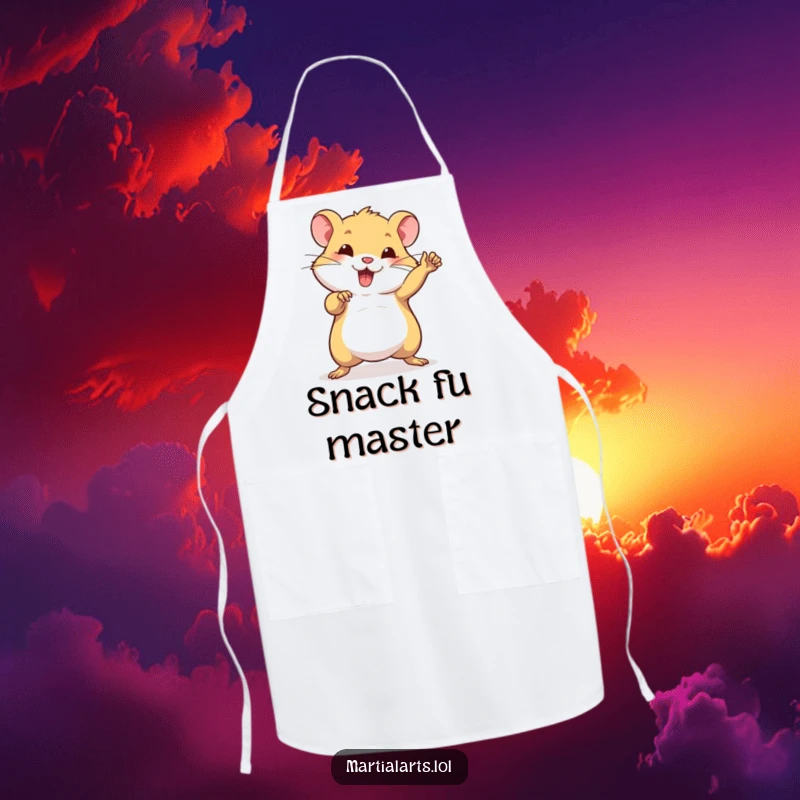 Funny apron depicting a beaming hamster striking a confident martial arts pose, adding humor to cooking tasks.