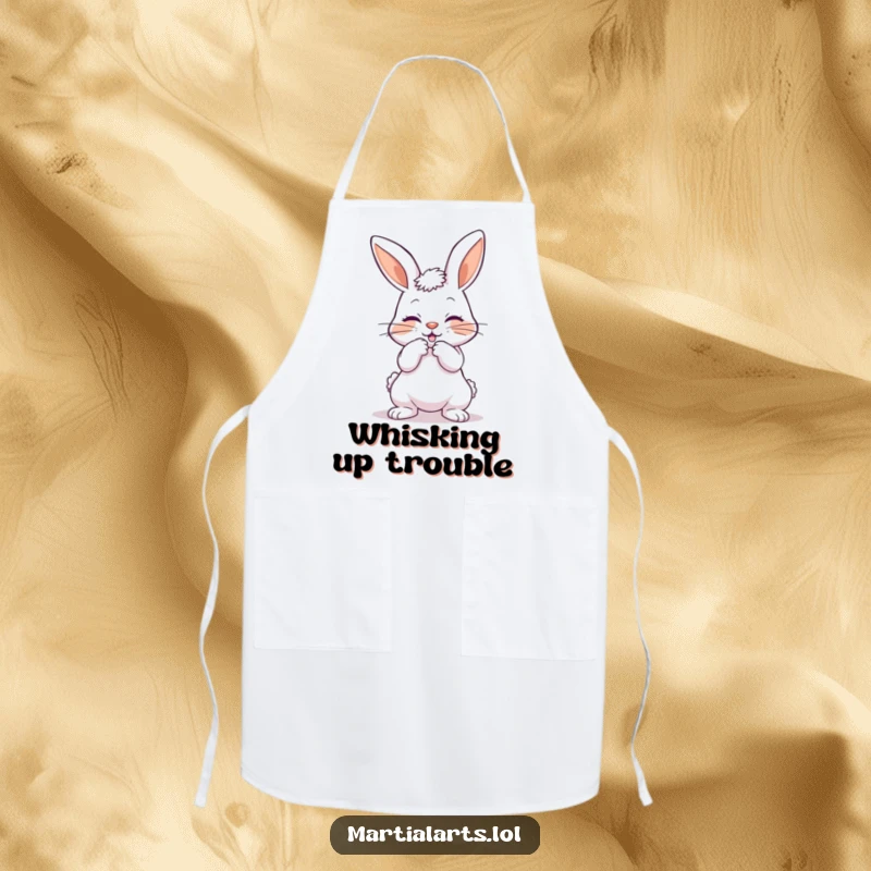 Funny apron depicting a playful bunny bowing with a mock strike, perfect for humorous kitchen protection.