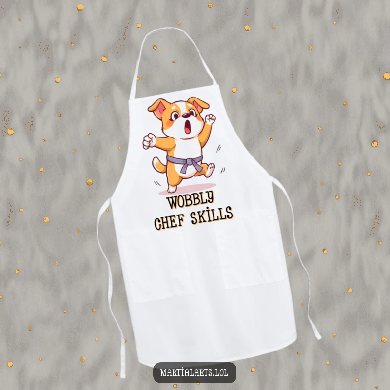 Funny Dog Kick Apron: A surprised dog in mid-kick, bringing humorous martial arts action to the kitchen.