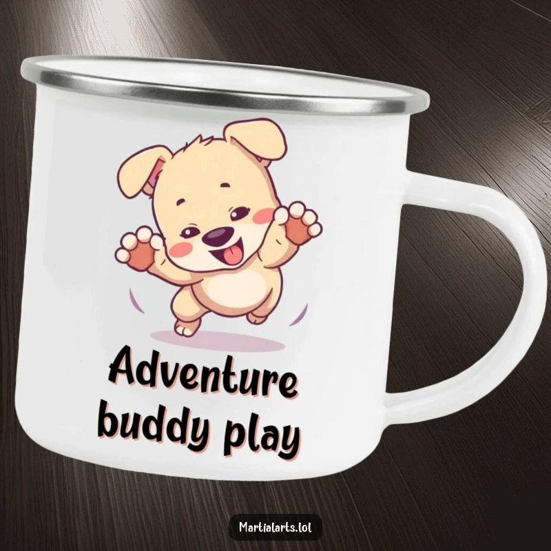 Funny camping mug featuring a playful puppy tumbling in a mock fight, durable and perfect for outdoor adventures.