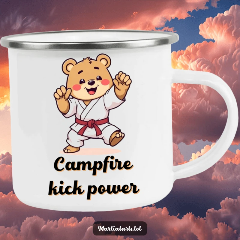 Funny karate bear camping mug, a happy bear in a dynamic mid-kick, a tough and humorous companion for outdoor adventures and hot beverages.