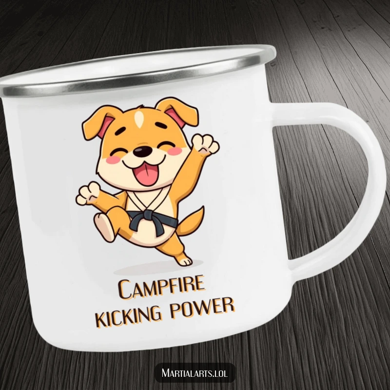 Funny Dog Camping Mug featuring a happy dog enthusiastically kicking its legs in a karate stance, perfect for campfire humor.