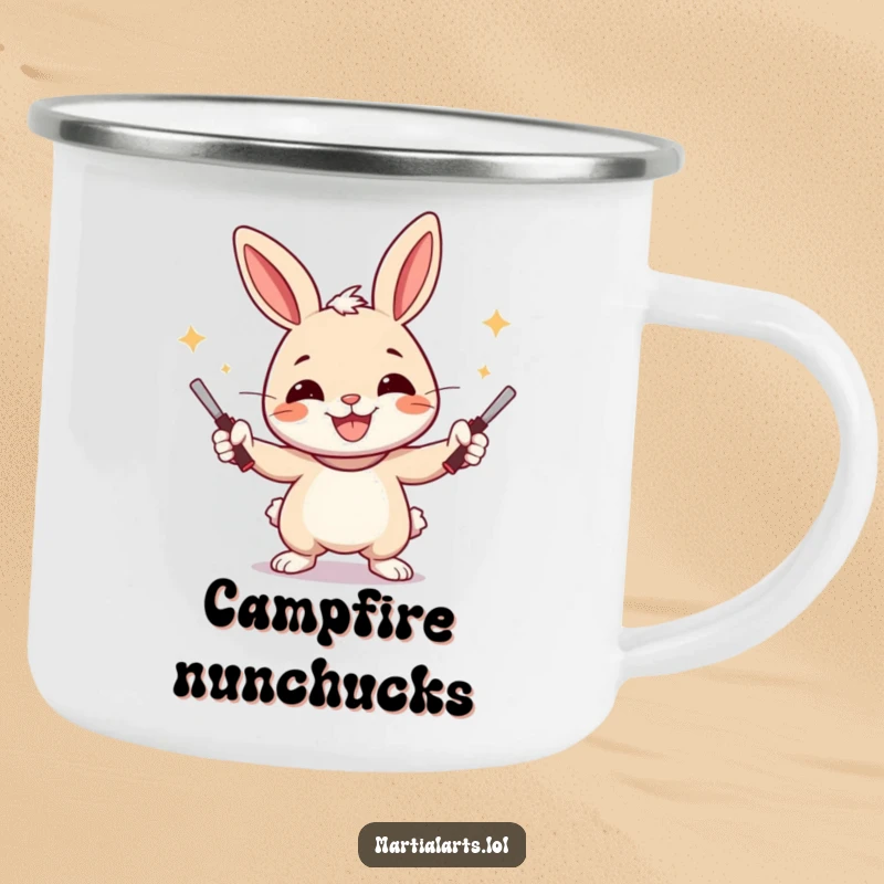 Funny Rabbit Camping Mug with a cheerful rabbit juggling nunchucks with a wide smile, for outdoor humor.