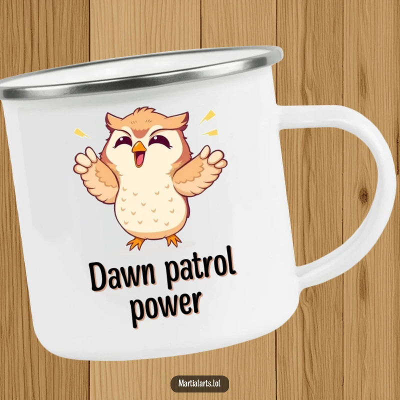 Funny camping mug featuring a giggling owl punching the air with comical energy during an outdoor adventure.