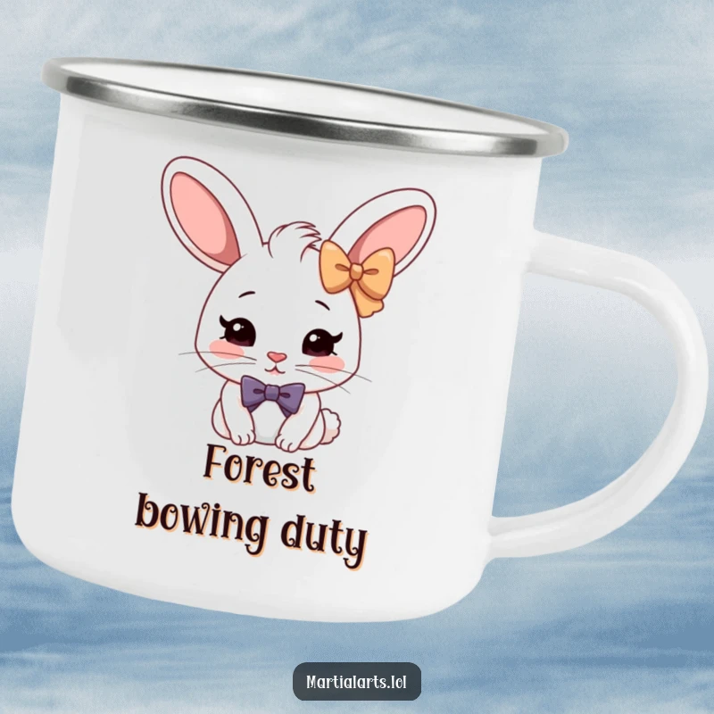 Funny Rabbit Bow Camping Mug: A cheerful rabbit in a deep bow, perfect for durable outdoor drinkware.
