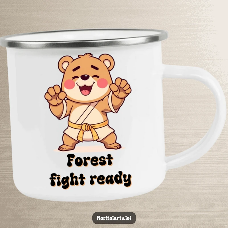 Funny camping mug with a happy bear striking a martial arts pose, designed for outdoor adventures and warrior humor.