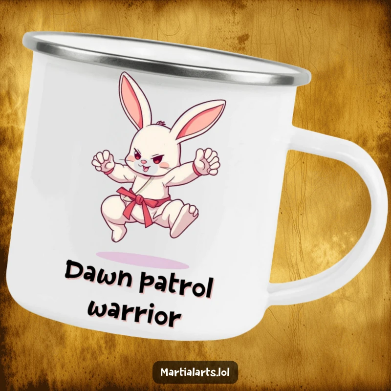 Funny bouncing bunny in martial arts stance, durable funny camping mug, ready for outdoor training, gift.