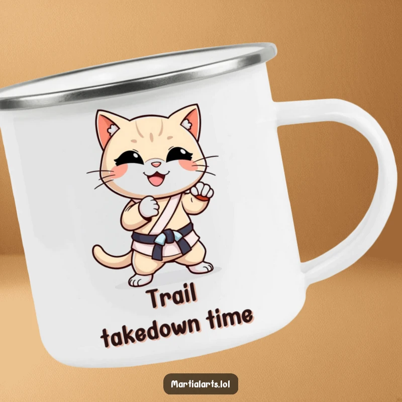 Funny Cat Karate Chop Camping Mug: A tough, smiling cat executing a karate chop, perfect for outdoor adventures.