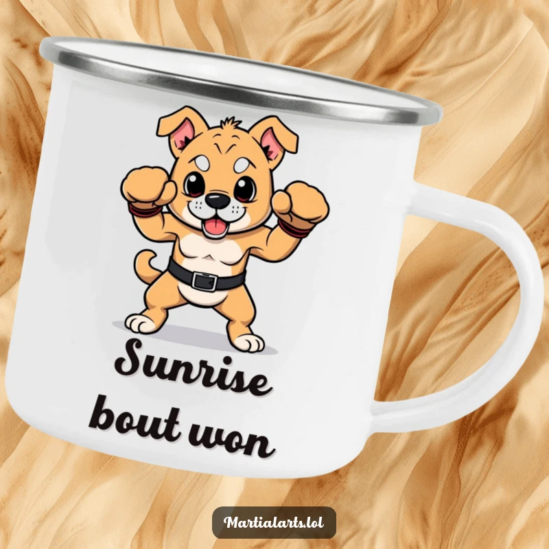 Funny dog camping mug with a proud dog in a victorious boxing pose, perfect for outdoor enthusiasts.
