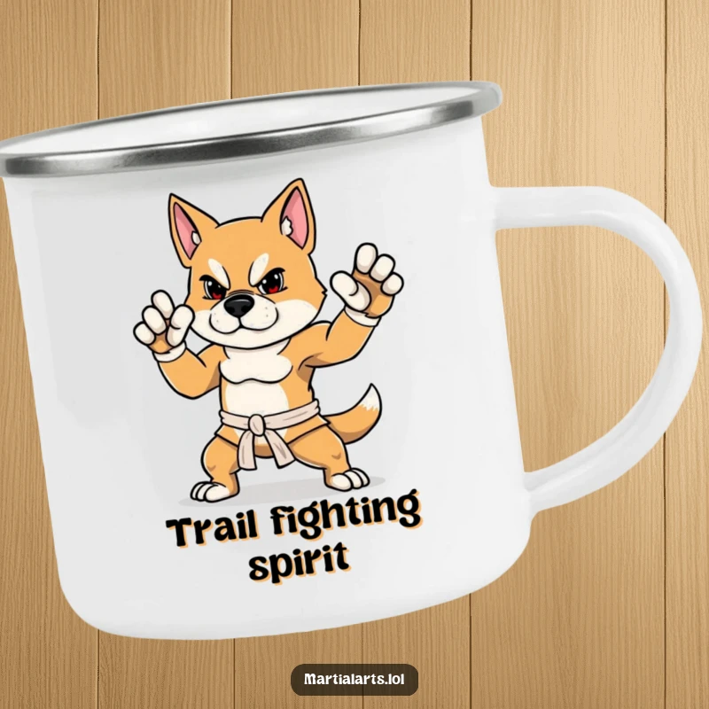 Funny Dog Camping Mug with a determined dog striking a proud, balanced martial arts stance, for outdoor humor.