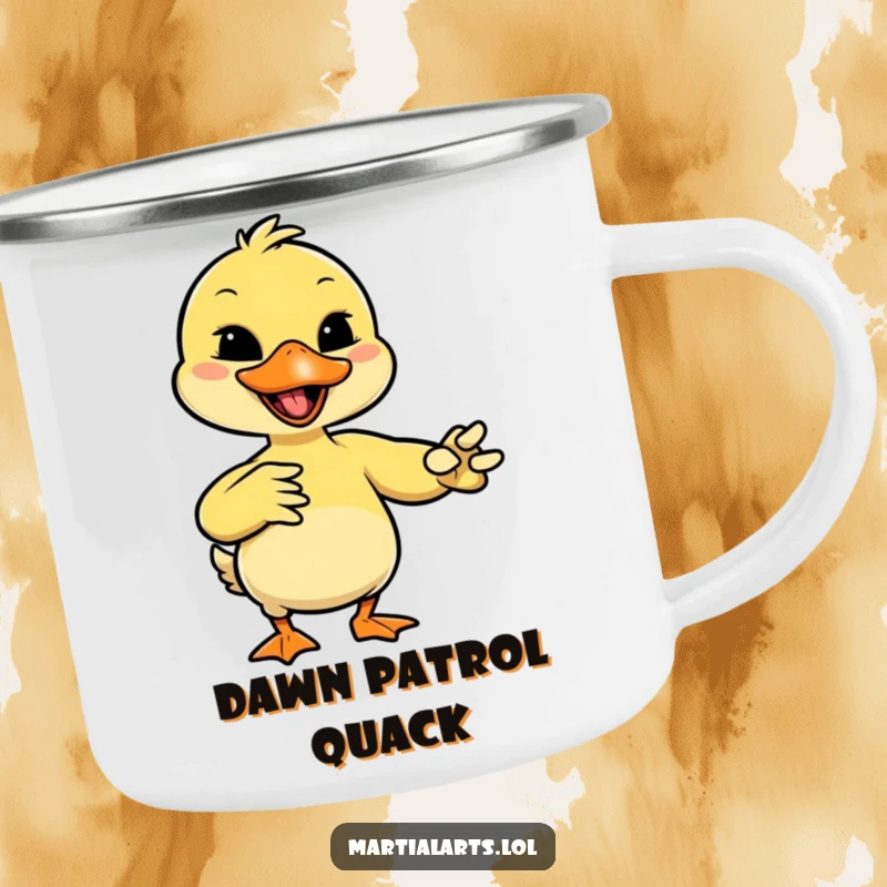Funny giggling duck mimicking a martial arts move with its beak, perfect for sipping coffee on the trail.