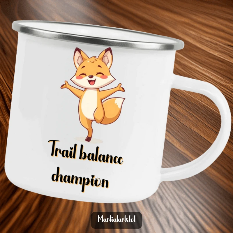 Funny fox camping mug featuring a smiling fox balancing on one leg with arms outstretched, ideal for rugged adventures and humor.