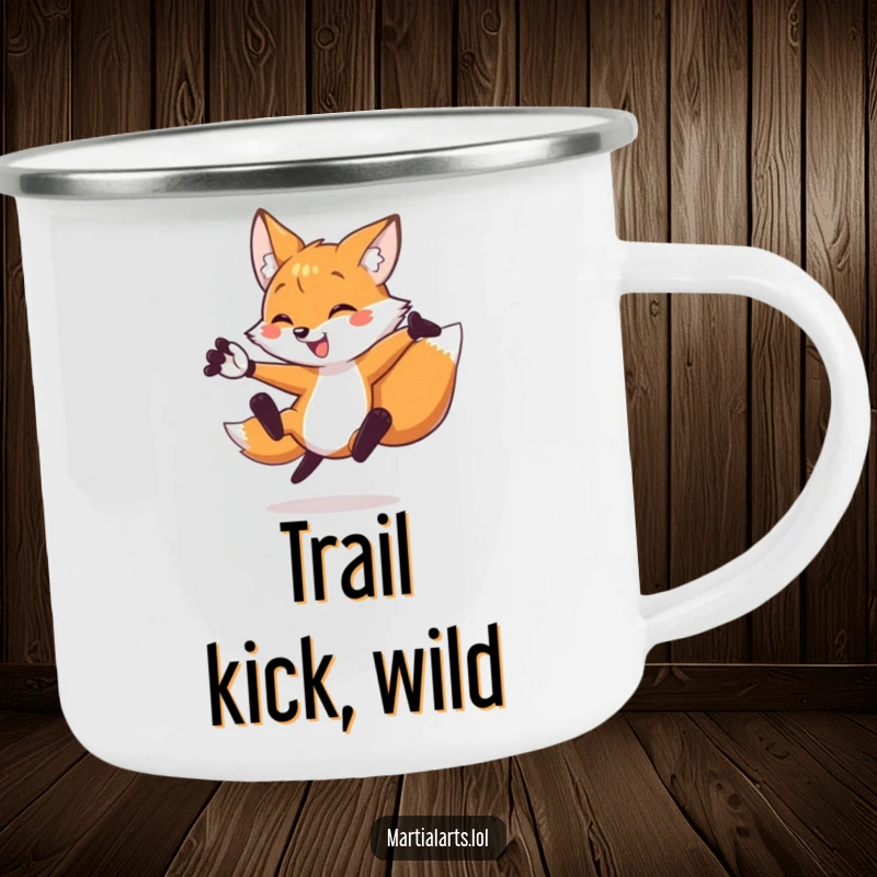 Funny fox camping mug showing a fox performing a dynamic flying side kick, built for rugged outdoor fun.
