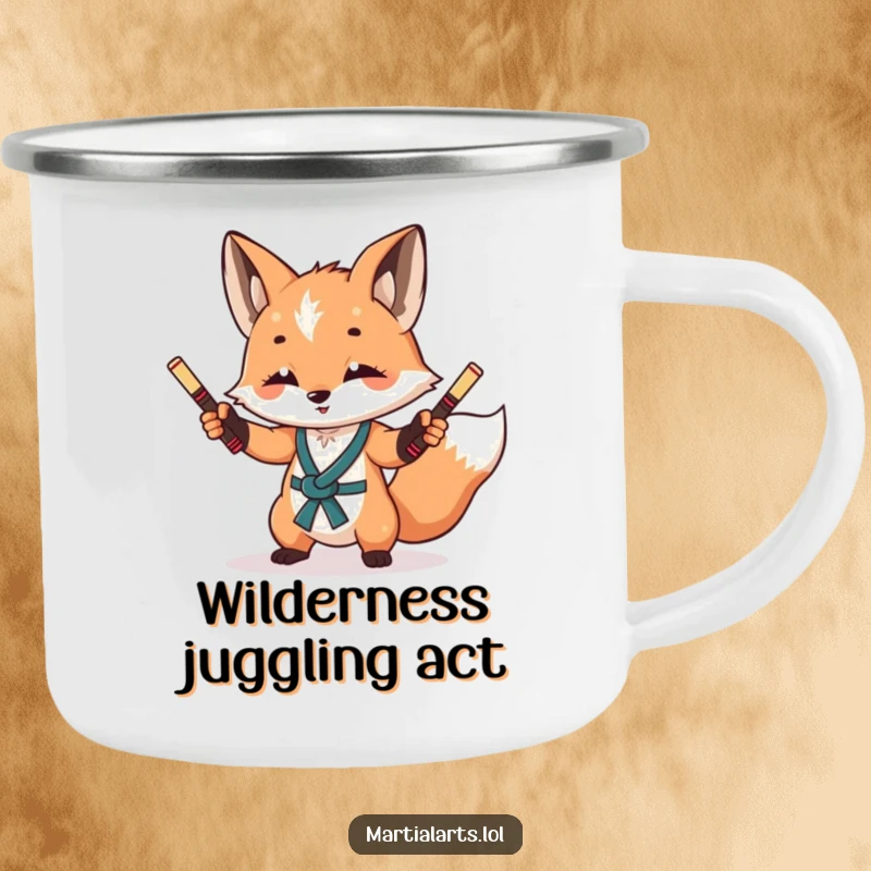 Funny Fox Nunchuck Camping Mug: A curious fox juggling miniature nunchucks, perfect for durable outdoor drinkware.
