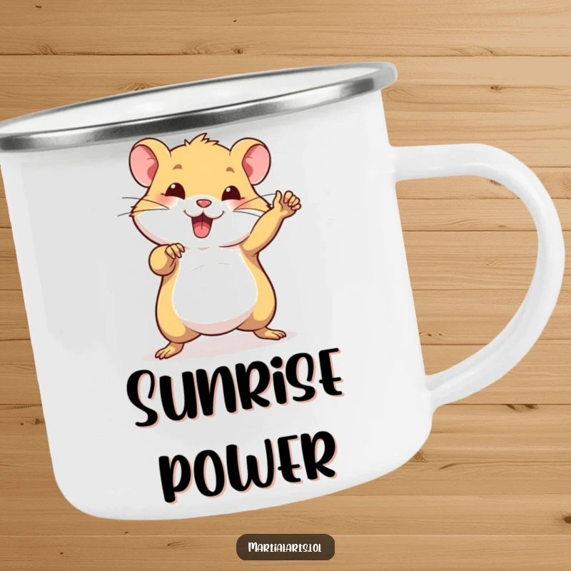 Funny camping mug featuring a beaming hamster in a powerful martial arts pose, ready for any outdoor challenge.