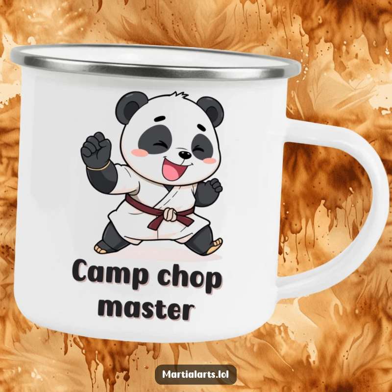 Funny Panda Camping Mug with a happy panda performing an exaggerated karate chop, for outdoor humor.