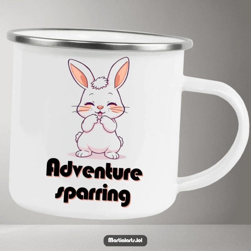 Funny camping mug featuring a playful bunny bowing with a mock strike, for humorous outdoor enjoyment.