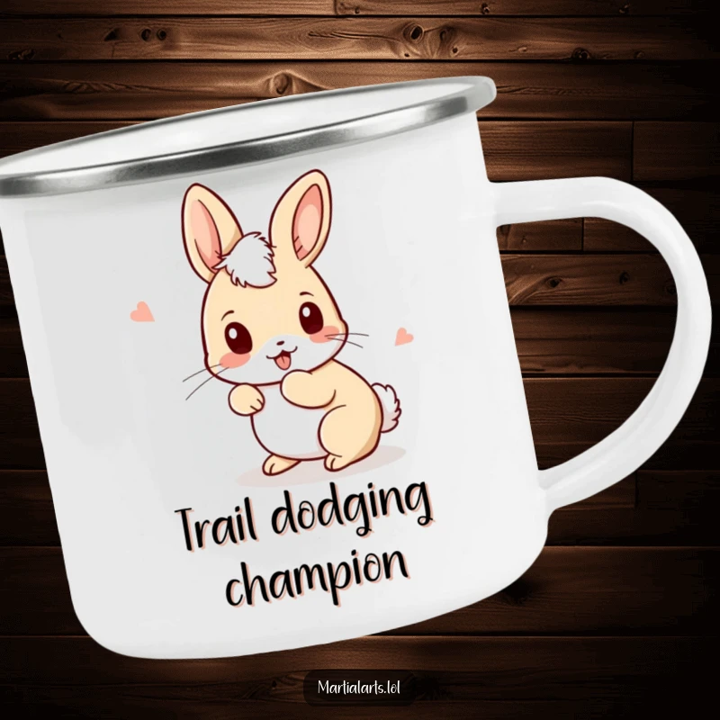 Funny Rabbit Camping Mug featuring a curious rabbit ducking and weaving with playful movements, perfect for campfire humor.