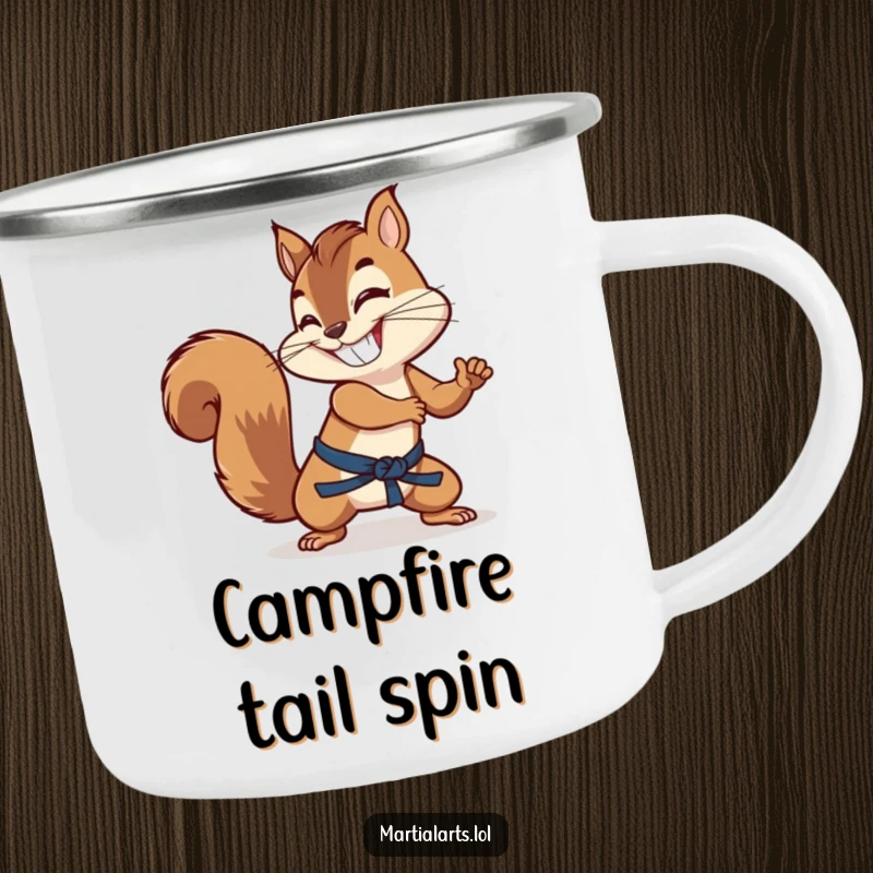Funny grinning squirrel using its tail as a martial arts weapon, perfect for sipping coffee on the trail.