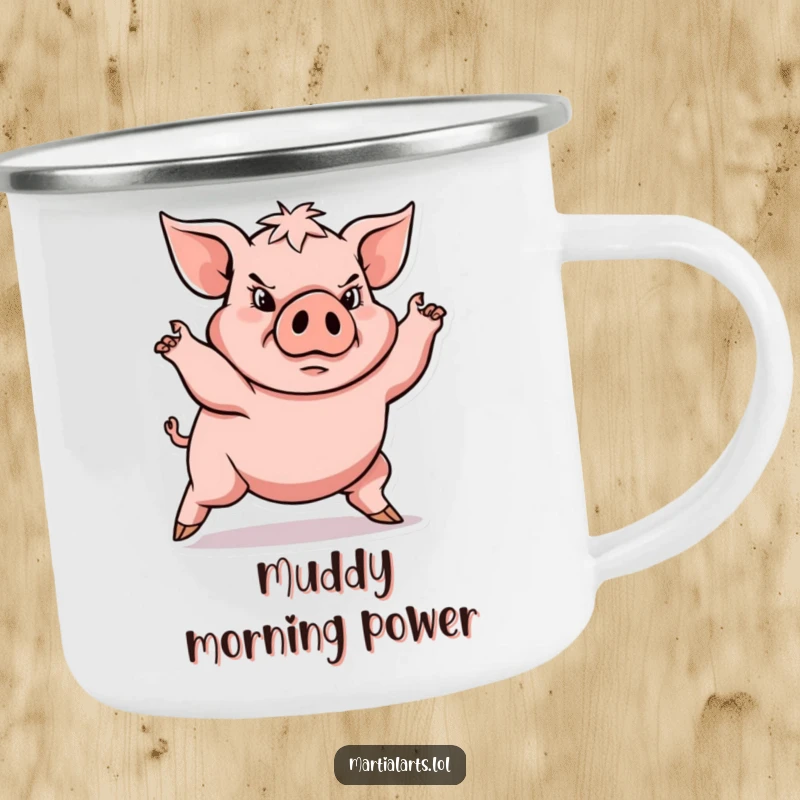 Funny determined pig in low stance, durable funny camping mug, perfect for outdoor strength, gift.