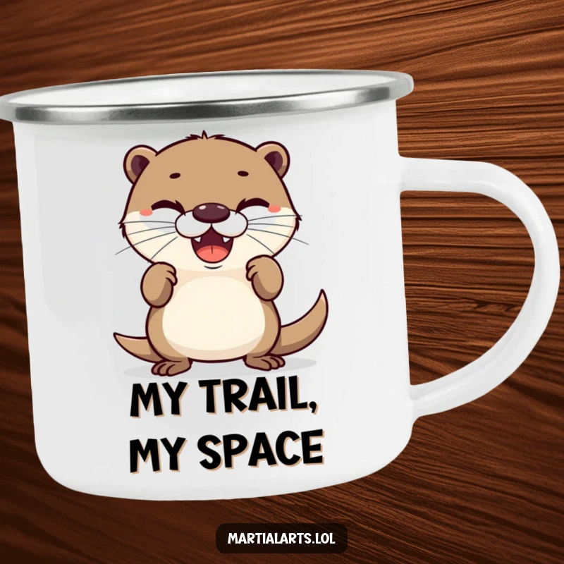 Funny camping mug showcasing a delighted otter in a funny, defensive posture, perfect for outdoor enthusiasts who love humor.