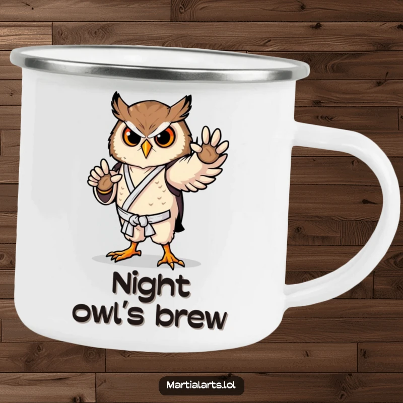 Funny owl karate camping mug showing a proud bird in a graceful pose, ready for outdoor hydration and inspiration.